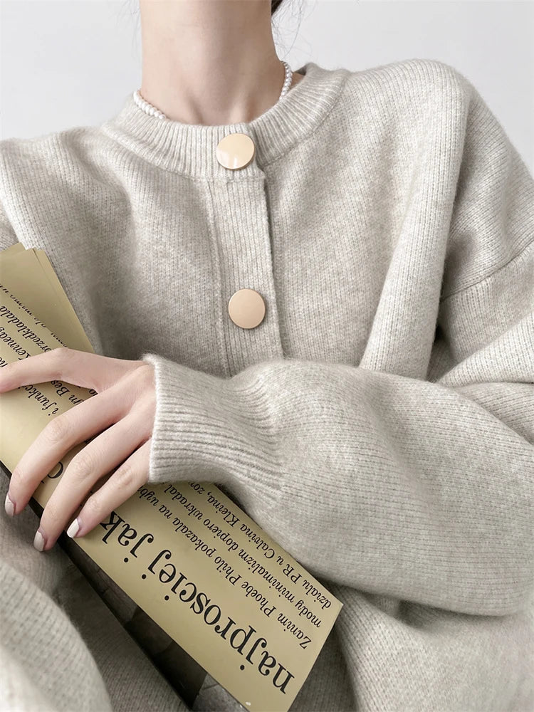 Women's Large Button Crew Neck Cardigan Casual Knit Layer