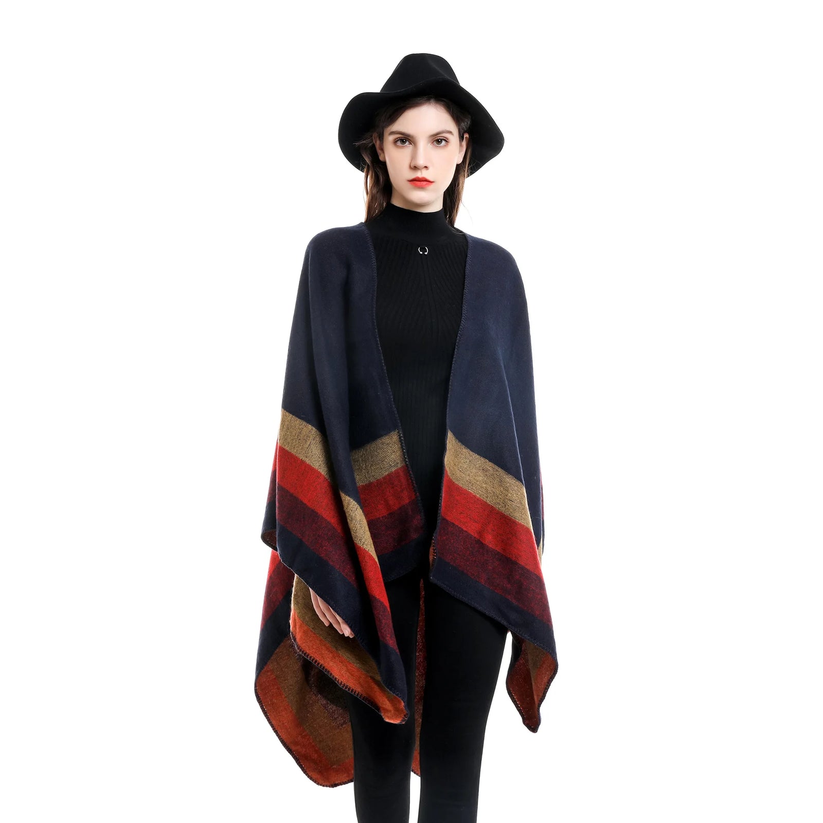 Block Stripe Open Front Poncho for Layering over Outfits