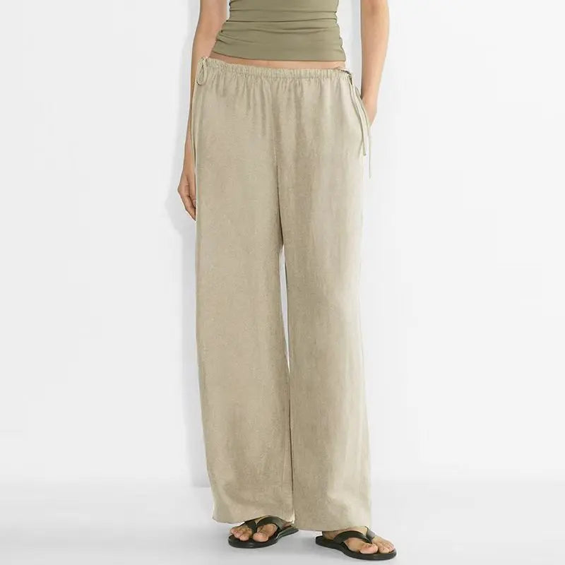 Women's Linen-Viscose Loose Straight-Leg Full-Length Pants with Drawstring Waist and Side Pockets