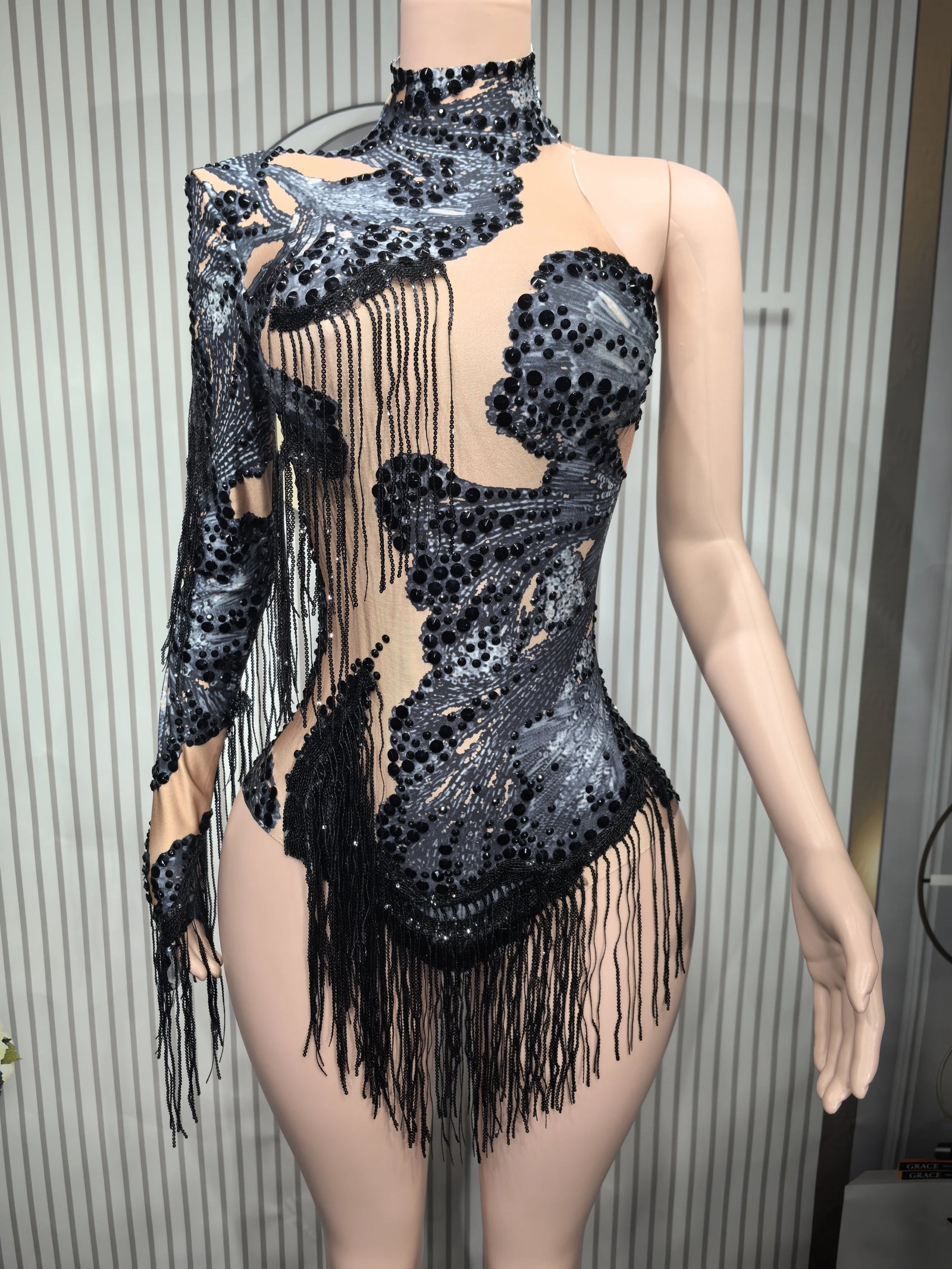 Women's Asymmetric Rhinestone Fringe Dance Bodysuit for Stage Performance Outfits