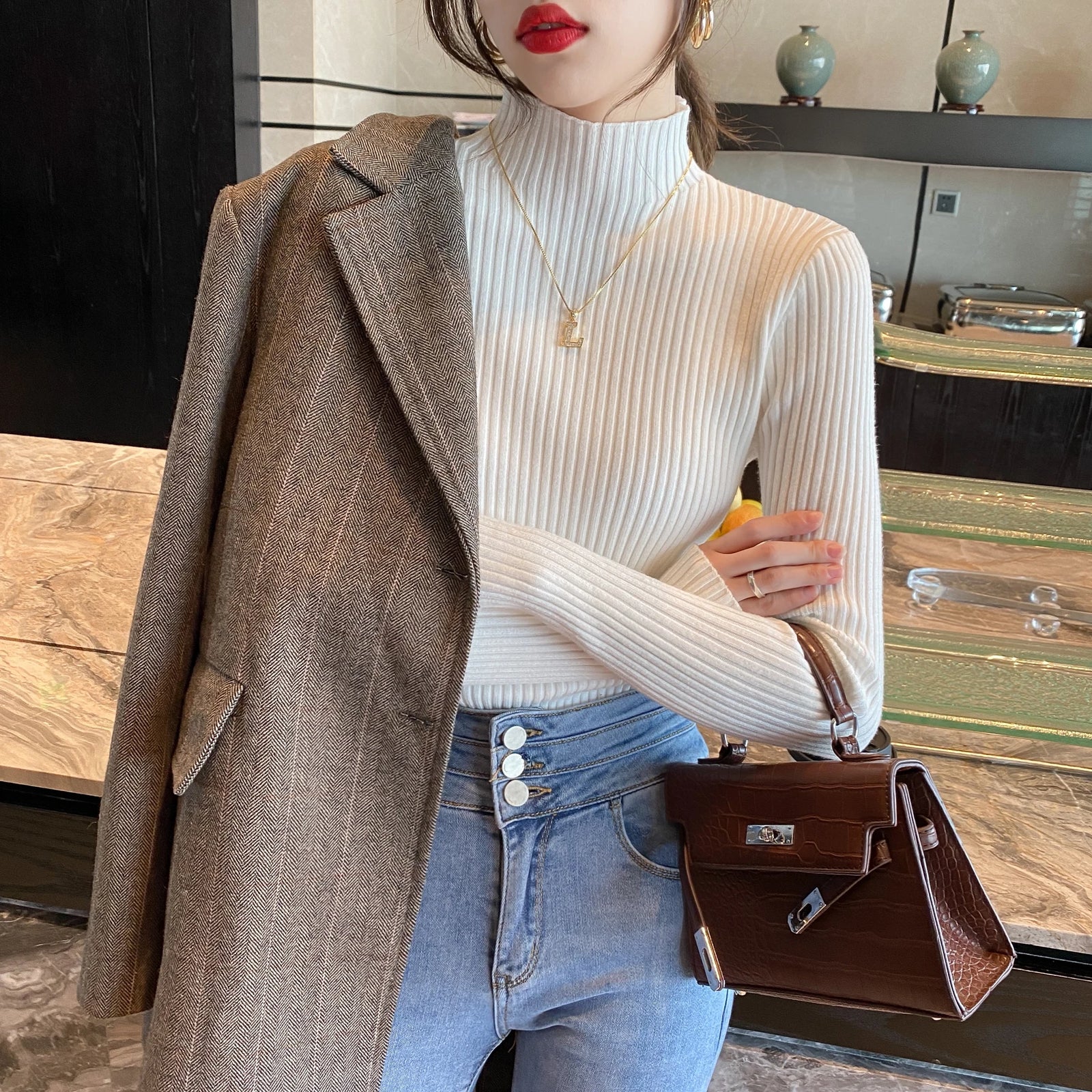 Women's Ribbed Mock Neck Long Sleeve Sweater Casual Knit Layer