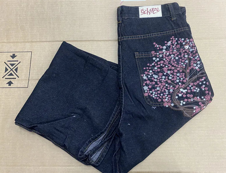 Men's Embroidered Wide Leg Denim Jeans for Casual Everyday Wear
