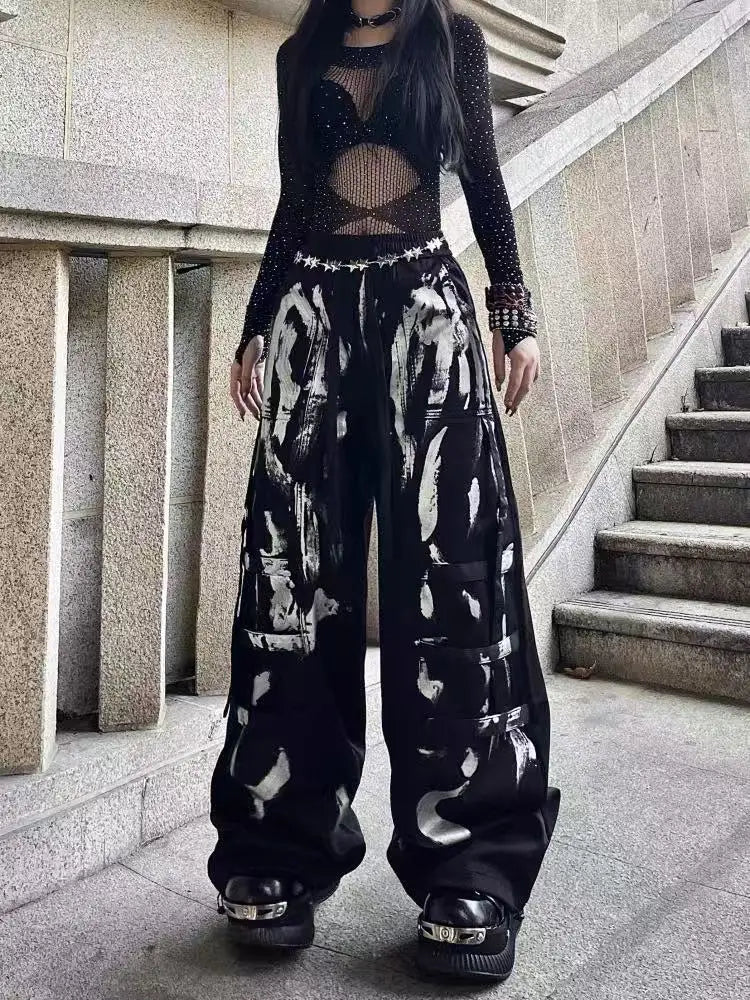 Women's Black Wide Leg Cargo Pants with Silver Painted Pattern