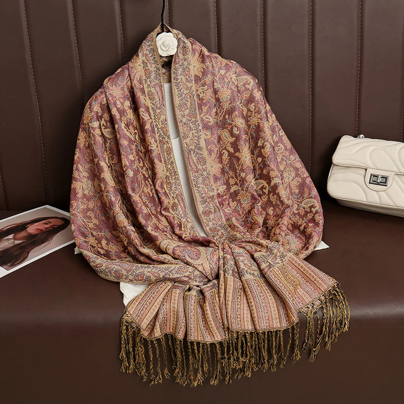 Paisley Floral Print Long Scarf with Fringed Ends