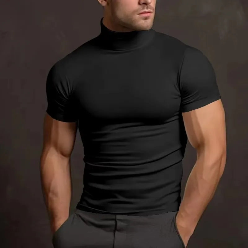 Solid Mock Neck Short Sleeve Fitted Compression T Shirt