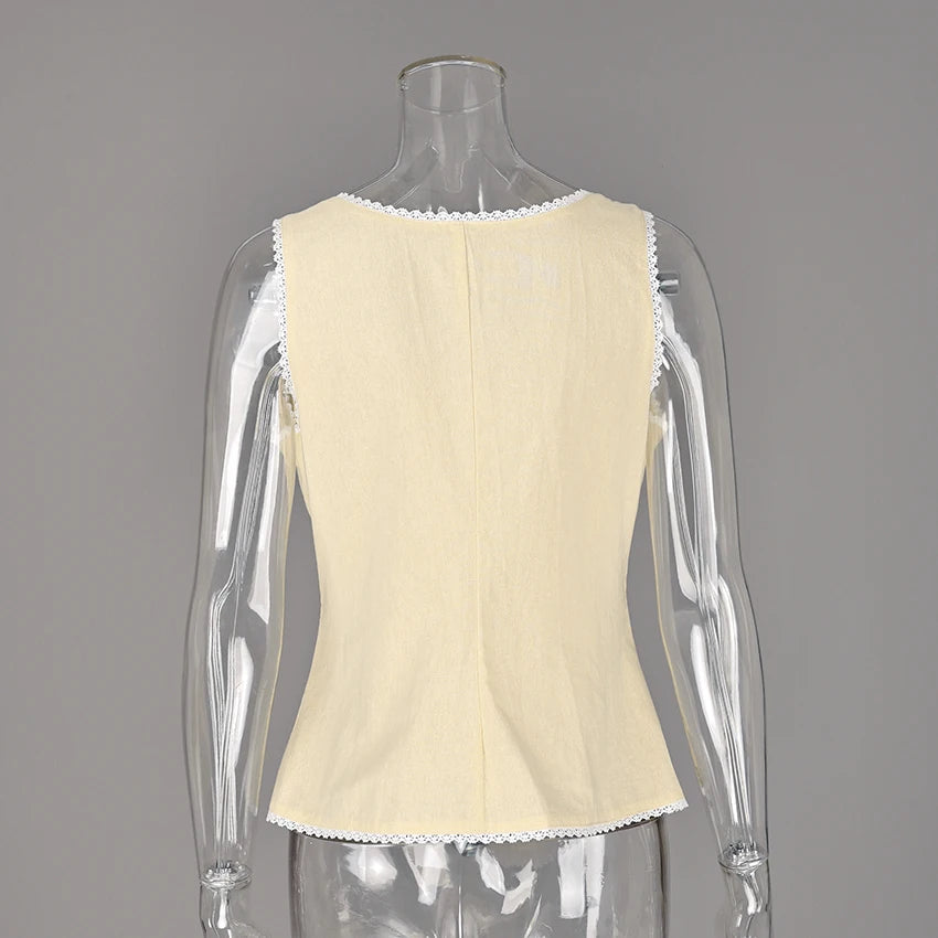 Women's Lace Trim Cotton Sleeveless Blouse with Button Front and Split Hem