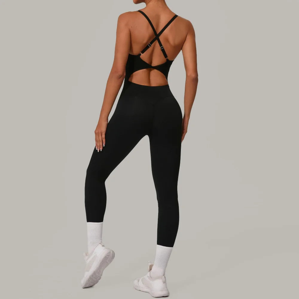 Women's Thin Strap Workout Jumpsuit with Crisscross Back and Fitted Legs