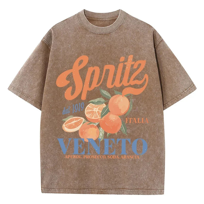 Orange Fruit Printed Washed T-shirt for Men Cotton T-shirt with Holes Round Neck Comfortable Top for Summer Men's Wear