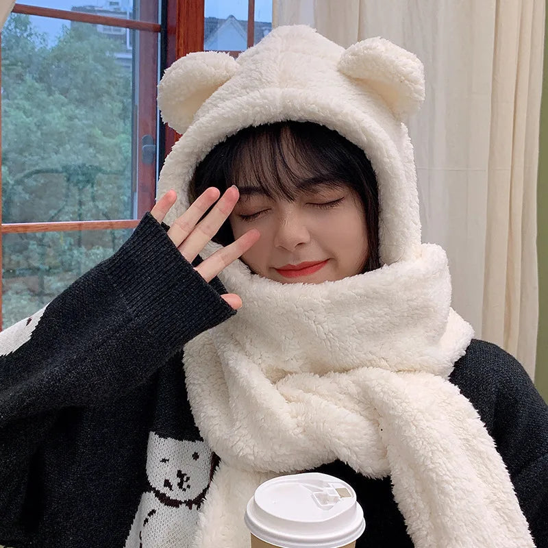 Teddy Bear Plush Hooded Hat Scarf and Gloves Integrated Winter Set