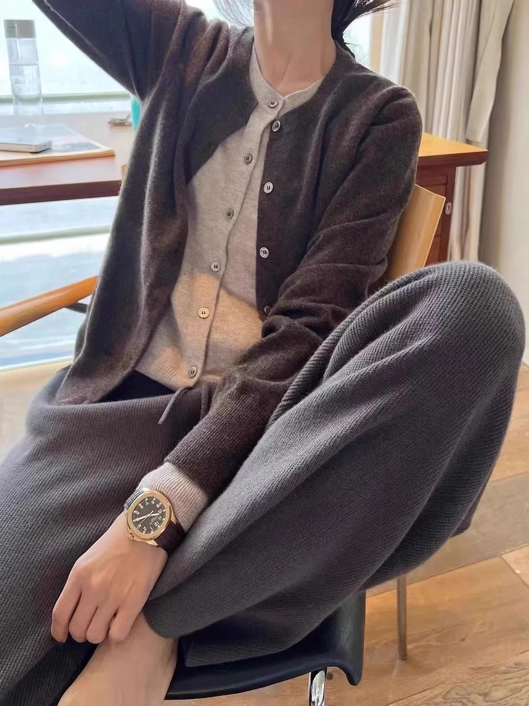 Fake two 100% pure cashmere sweater cardigan dark grey high-grade wool knit coat top