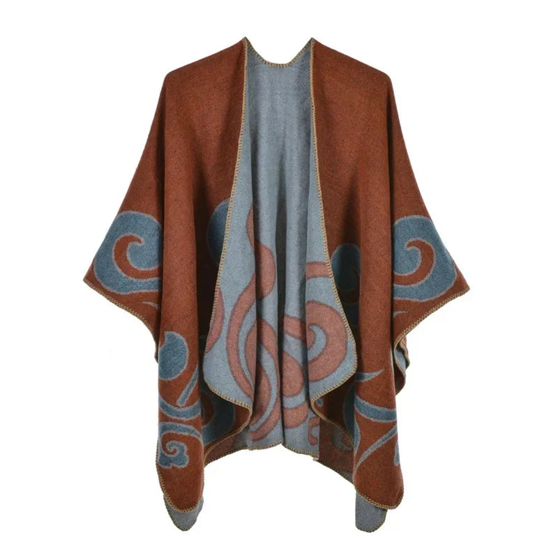 Patterned Fringed Open Front Poncho for Layering over Outfits