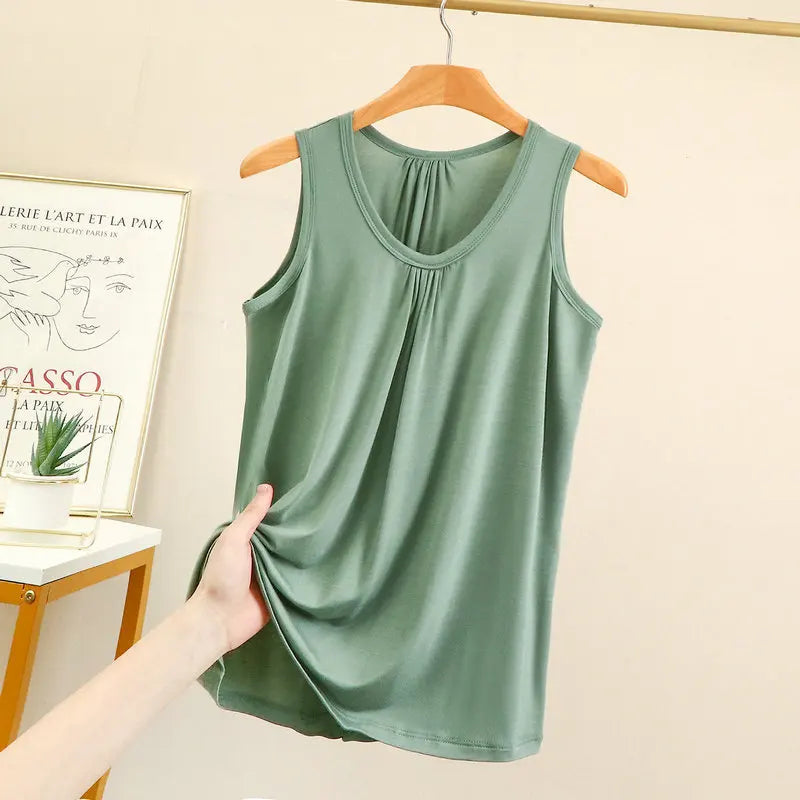 Women's Gathered Neck Polyester Modal Tank Top with Loose Sleeveless Fit