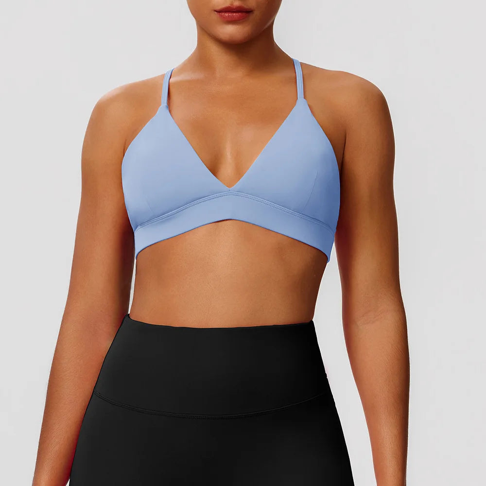 Women's V Neck Thin Strap Cross Back Sports Bra