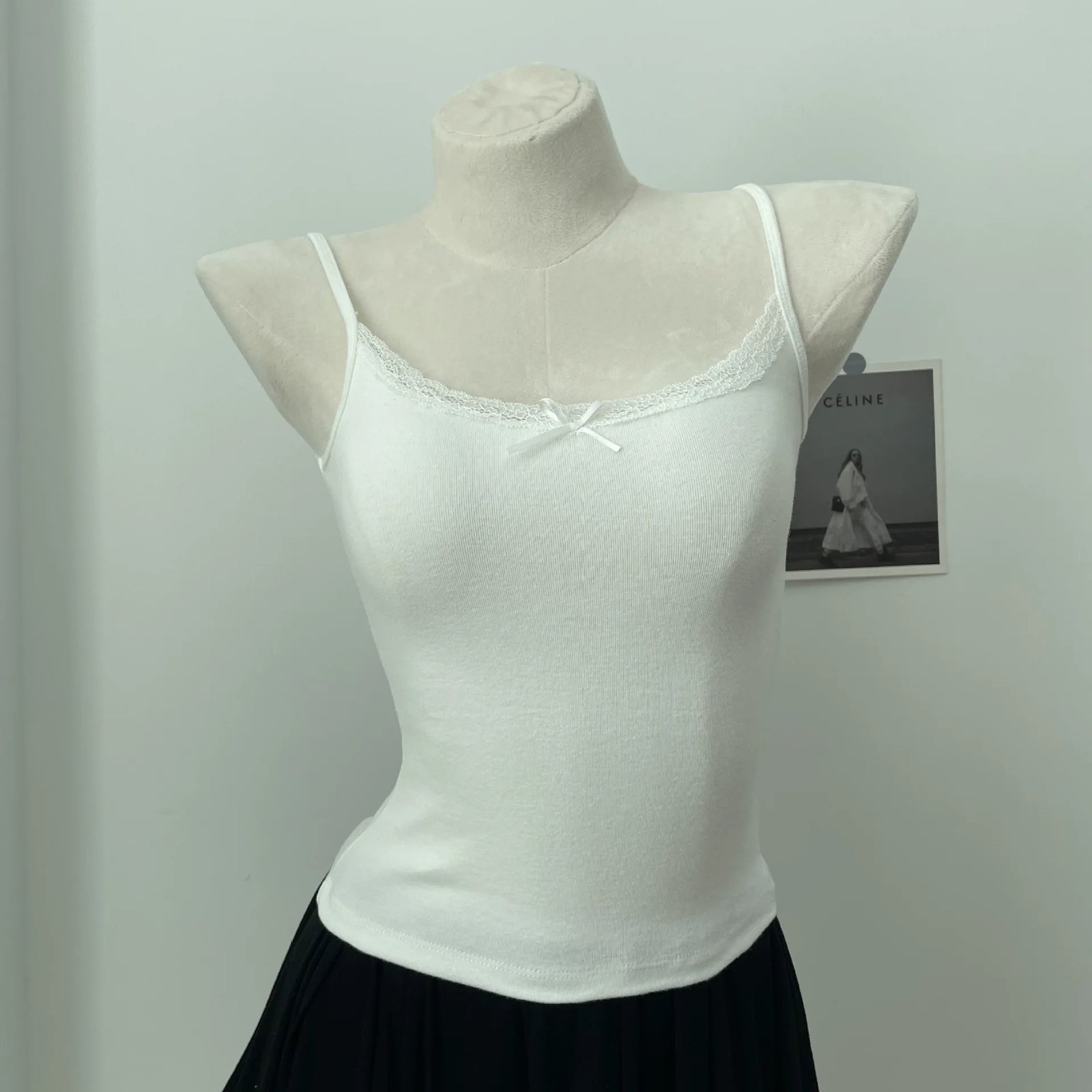 Women's Lace Trim Cotton Camisole with Bow Detail and Multiple Pattern Options
