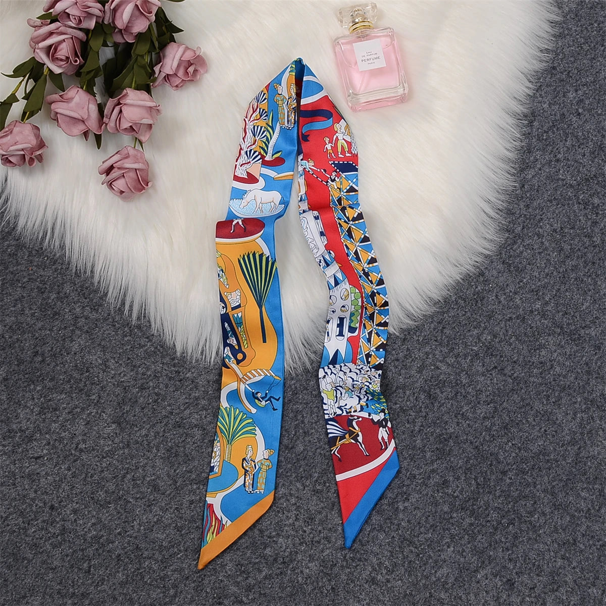 Horse Motif Skinny Ribbon Scarf with Printed Designs