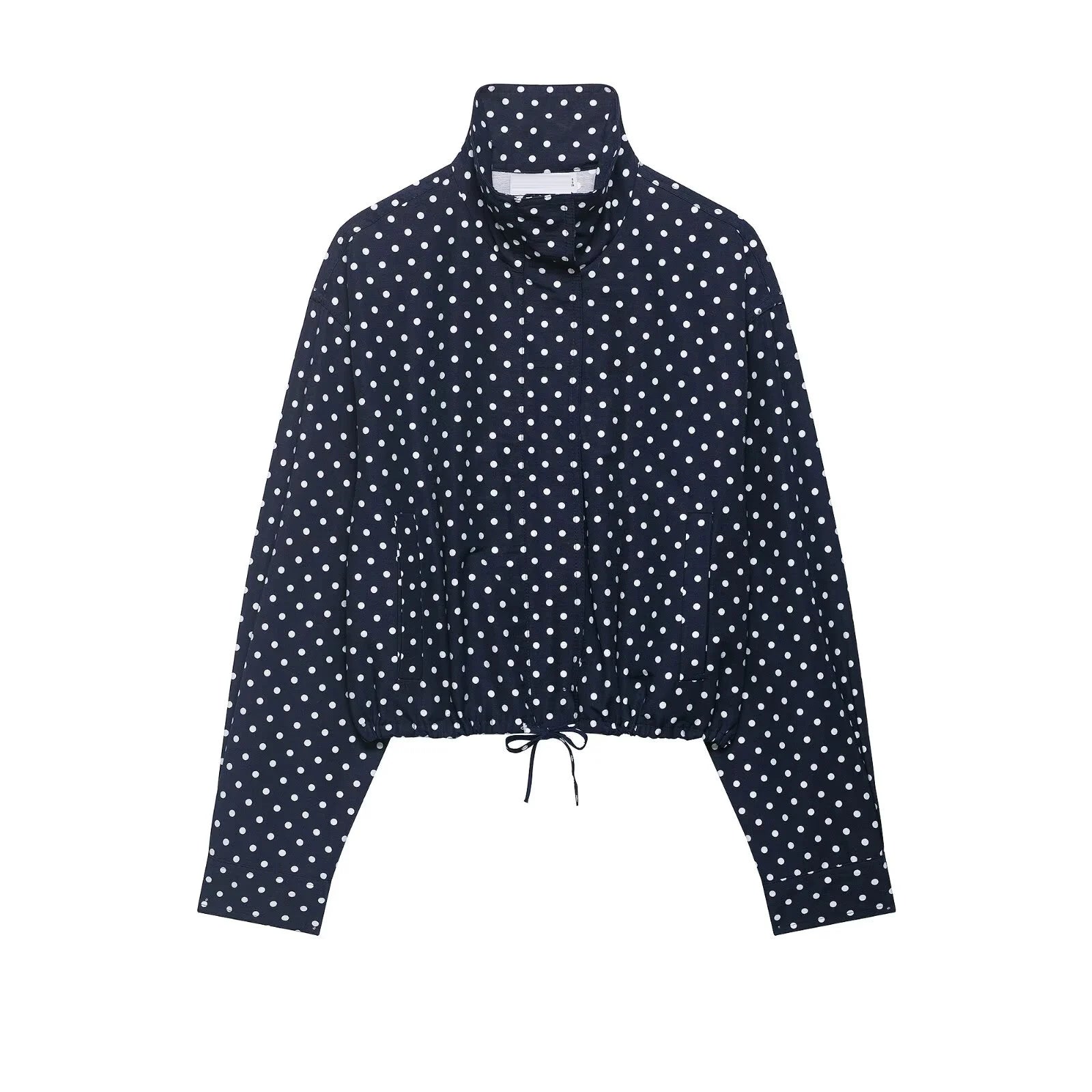 Women's Polyester Polka-Dot Long-Sleeve Zip-Front Collared Jacket with Pockets for Casual Outfits