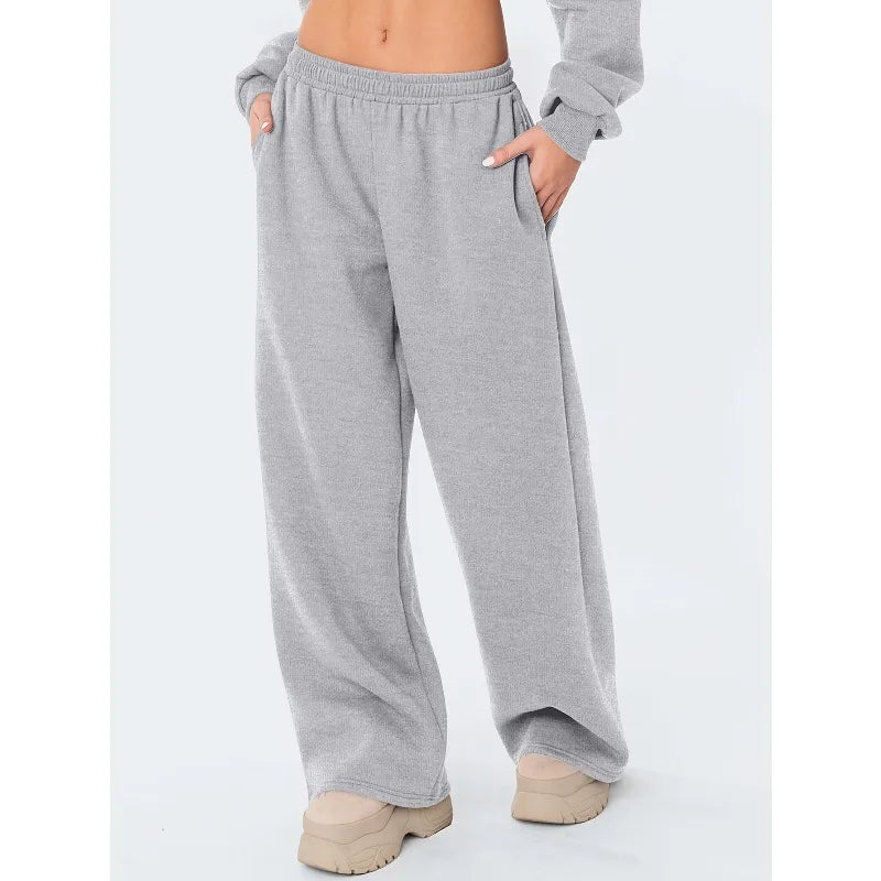 Women's Cotton Solid Loose Wide-Leg Ankle-Length Mid-Rise Pants for Casual Autumn Outfits