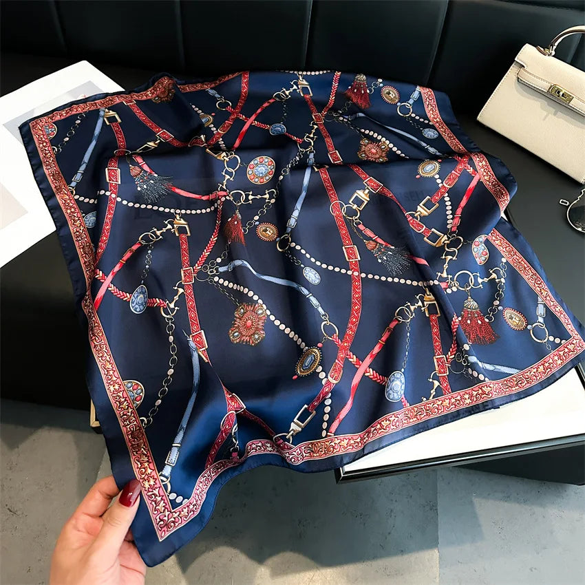Chain Print Square Scarf with Decorative Border Designs