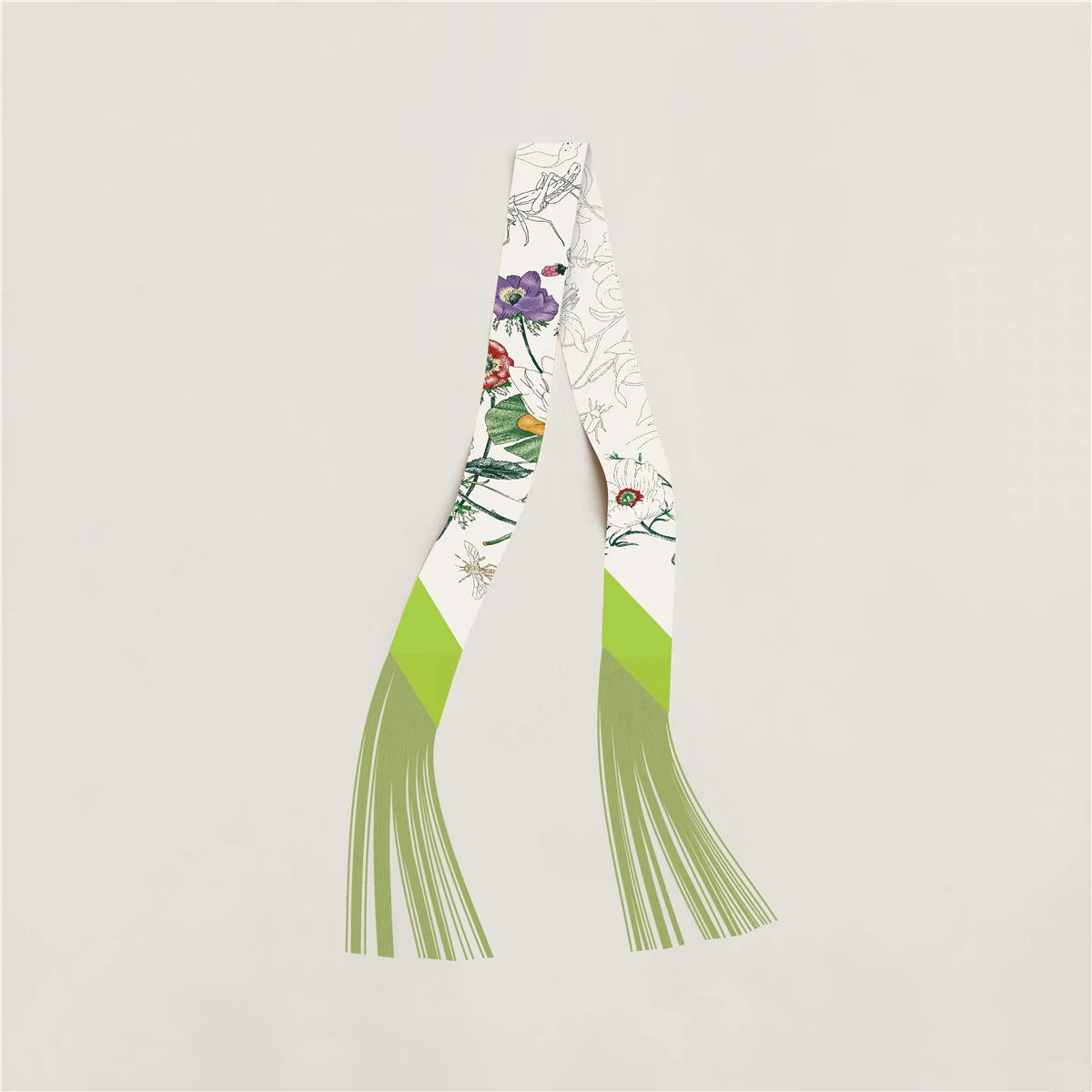 Printed Narrow Ribbon Scarf with Decorative Fringed Ends