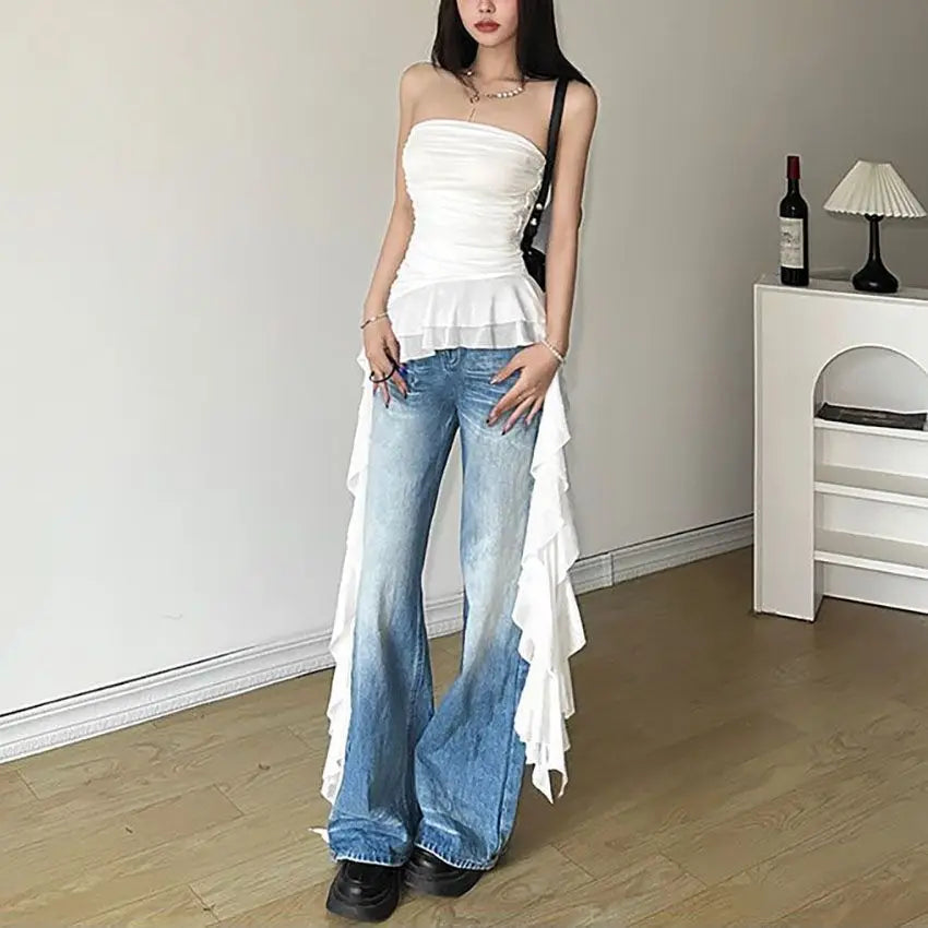Women's Strapless Crop Top with a Cropped Length and Fringe Hem