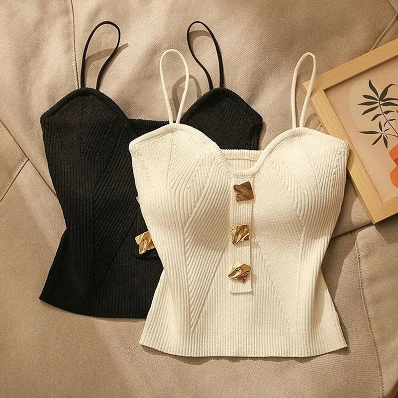 Women's Ribbed Cotton Camisole with Sweetheart Neck and Gold Tone Buttons