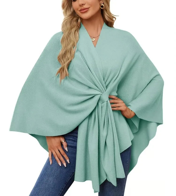 Ribbed Open Front Drape Poncho for Layering over Outfits