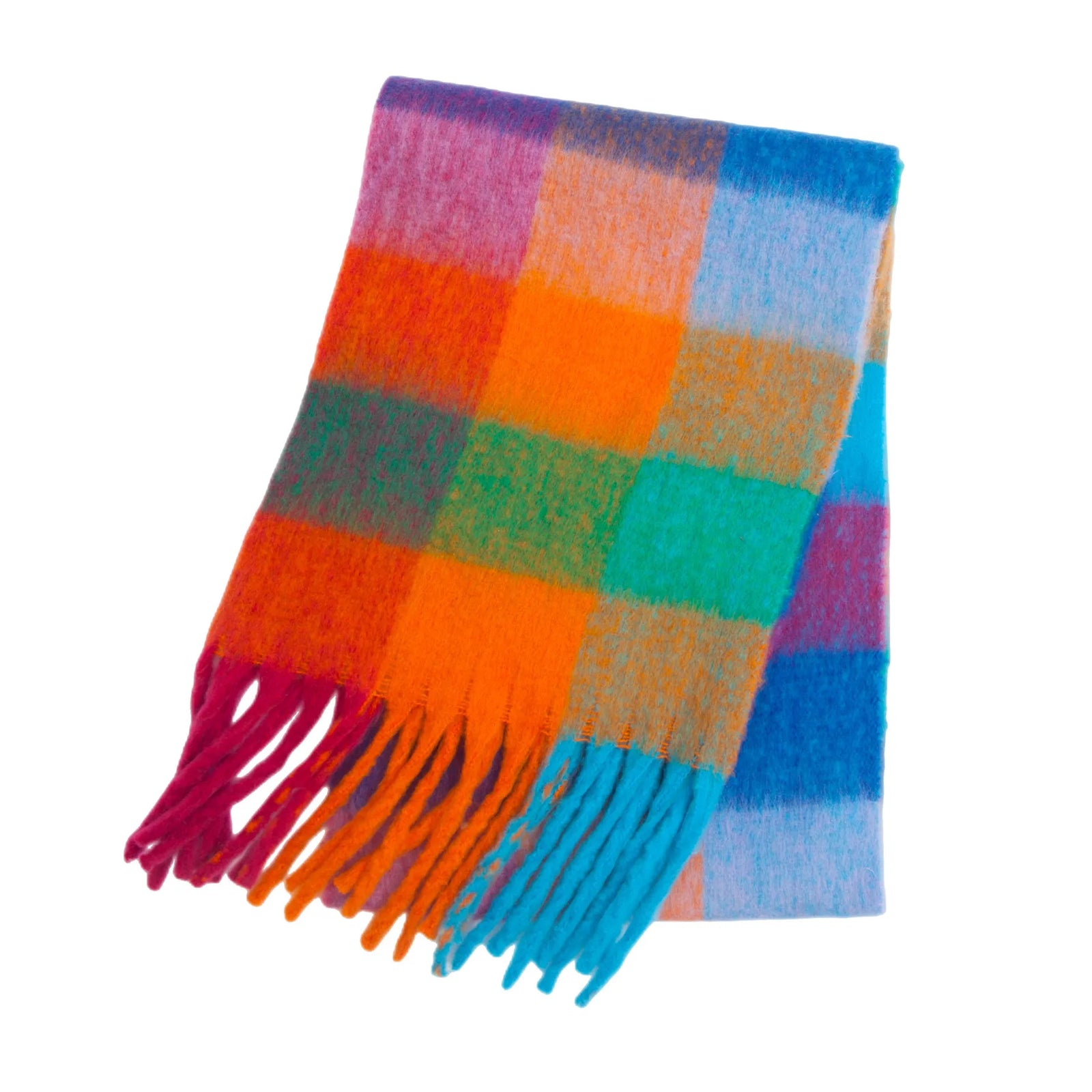 Multicolor Plaid Scarf with Long Shape and Fringed Ends