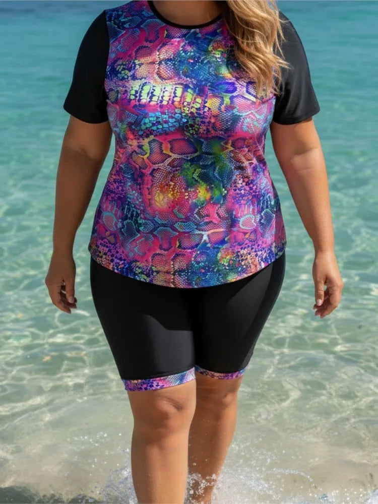 Women's Printed Short Sleeve Swim Top and Long Shorts Set