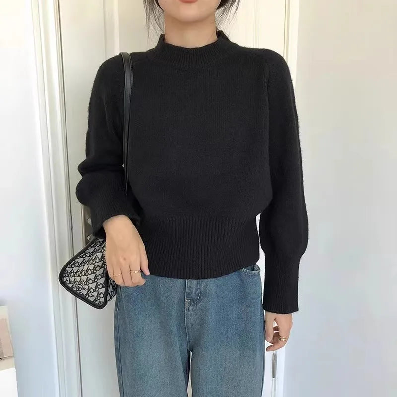 Pure wool retro sweater crewneck pullover short knitwear women's top trend