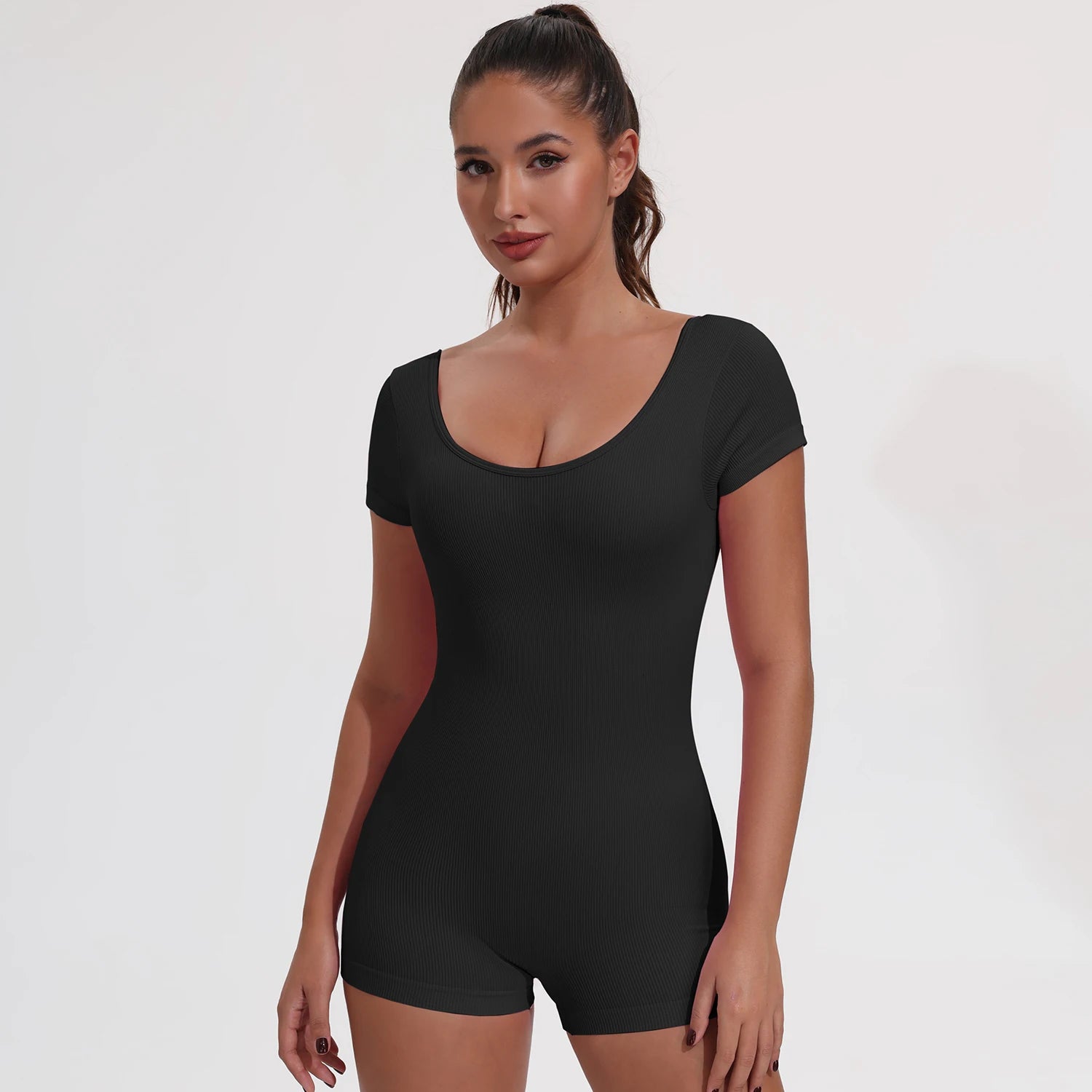 Women's Scoop Neck Nylon Blend Romper with Cap Sleeves and Open Back