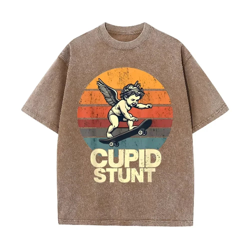 Retro Beige Cupid Stunt Skate Graphic Acid Wash Oversized Tee