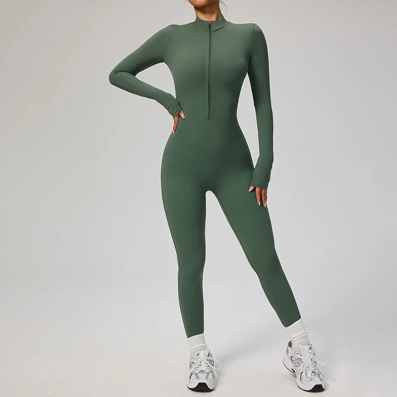 Women's Long Sleeve Nylon Blend Workout Jumpsuit with Zip Front Collar