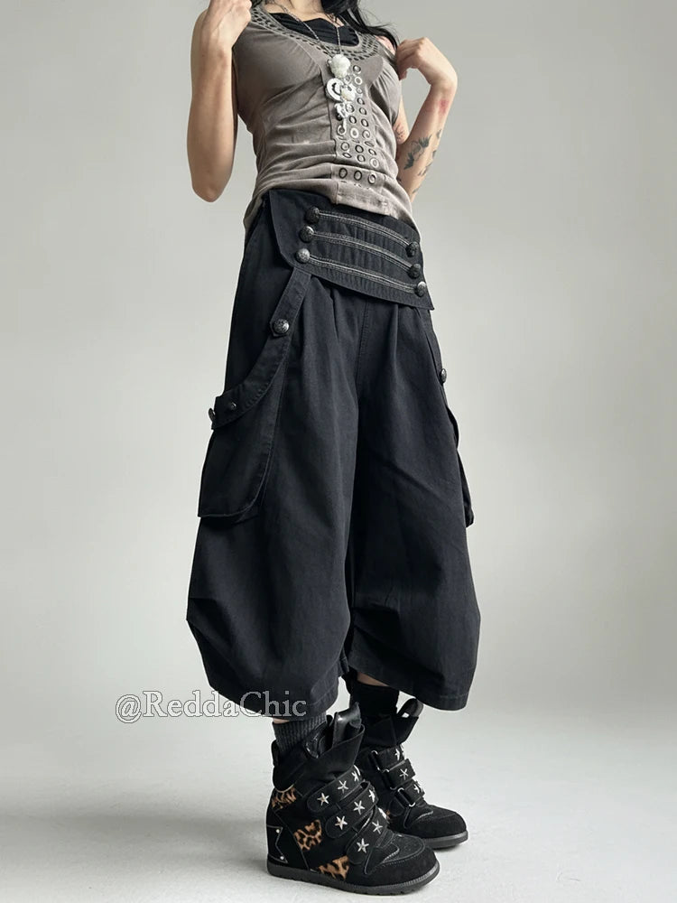 Women's Black Cargo Pants with Pleated Legs and Length Options