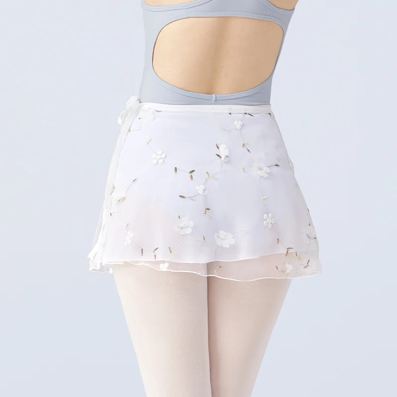 Women's Floral Embroidered Ballet Wrap Skirt with Two Layer Mini Design
