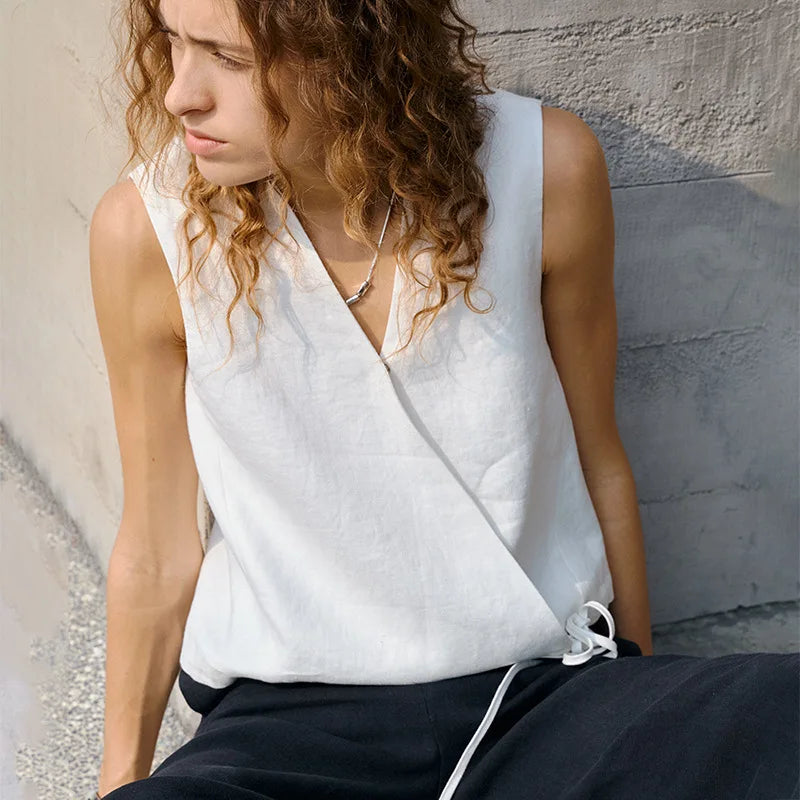 Women's Linen Sleeveless V-Neck Cropped Tank Top with Tie Detail for Summer