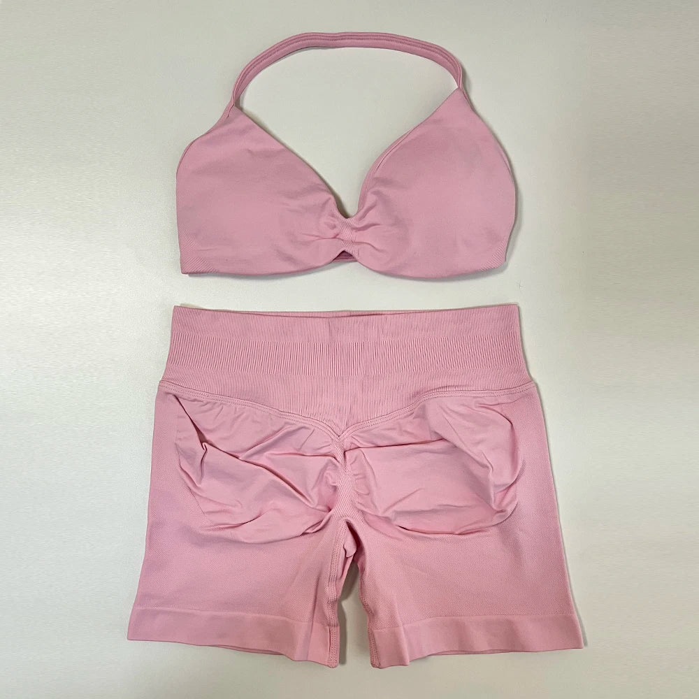 Women's Twist Front Bra And Shorts Yoga Set