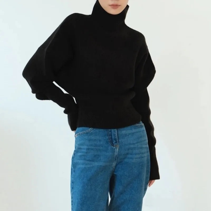 French retro high-neck pullover pure wool sweater women's short knitted base sweater waist-cinching and versatile top