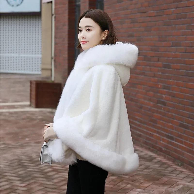 Plush Trim Hooded Cape for Layering over Outfits