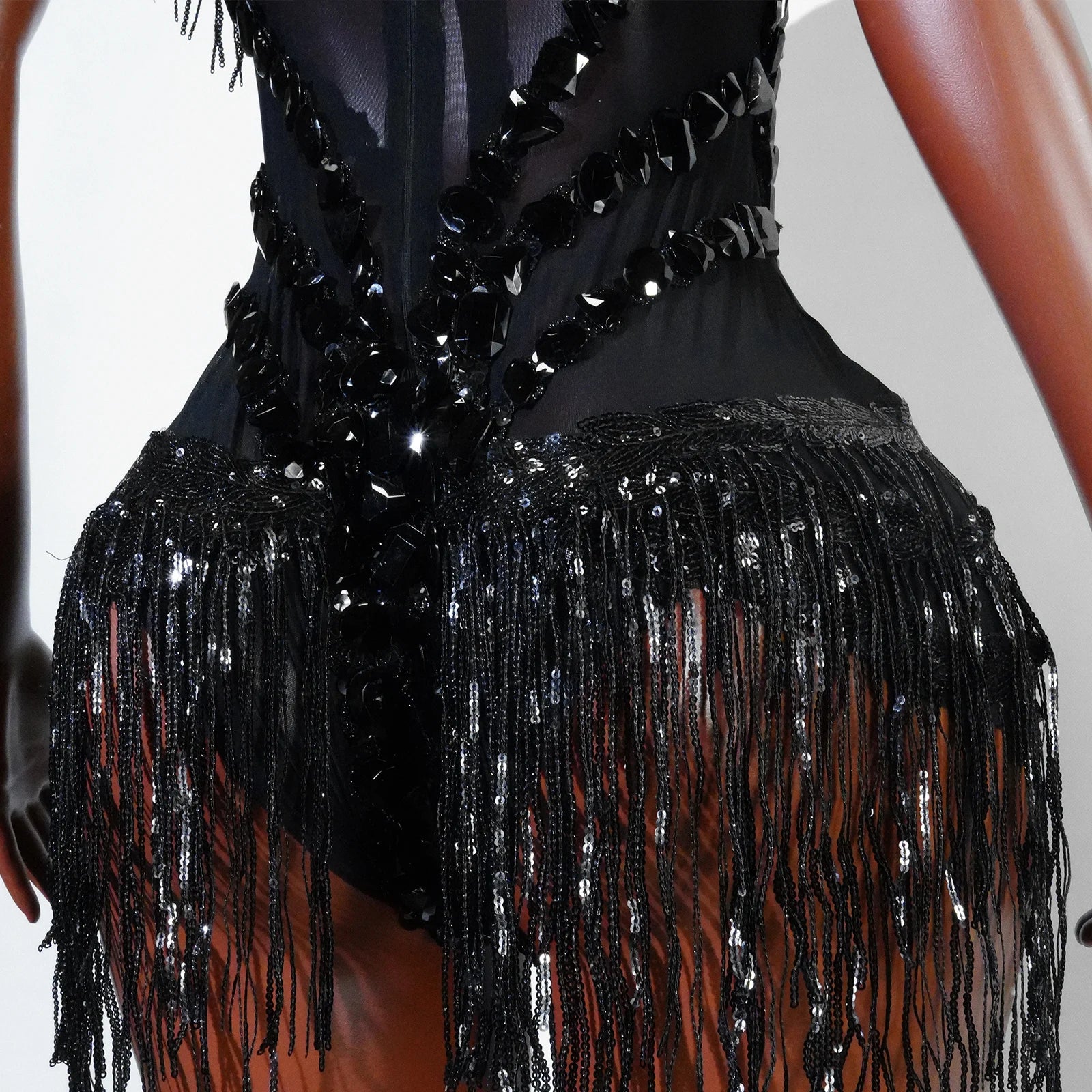 Women's Rhinestone Fringe Mesh Dance Bodysuit for Stage Costume Outfits