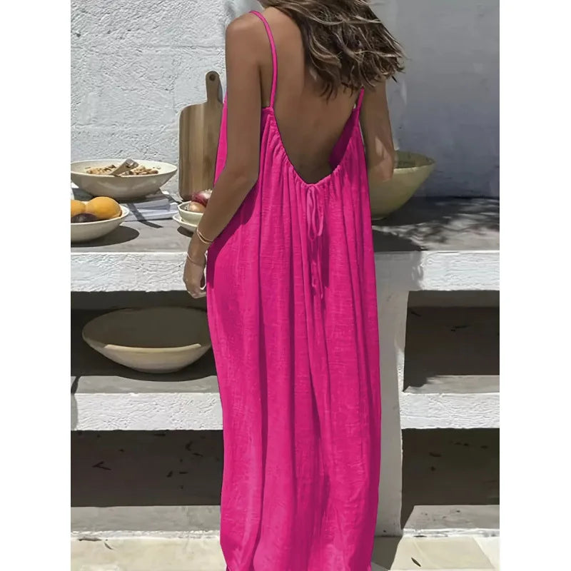 Women's Loose V Neck Spaghetti Strap Maxi Dress For Casual Outfits