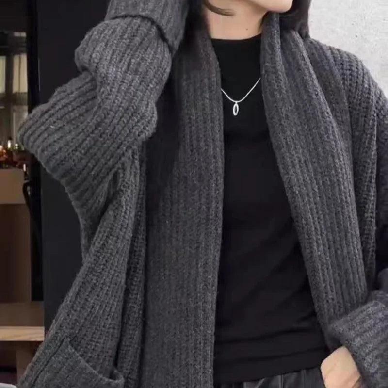 Autumn/Winter Thickened 100% Pure Wool Women's Turn-down Collar Knitted Cardigan Loose Sweater Coat Top Mid-long Length