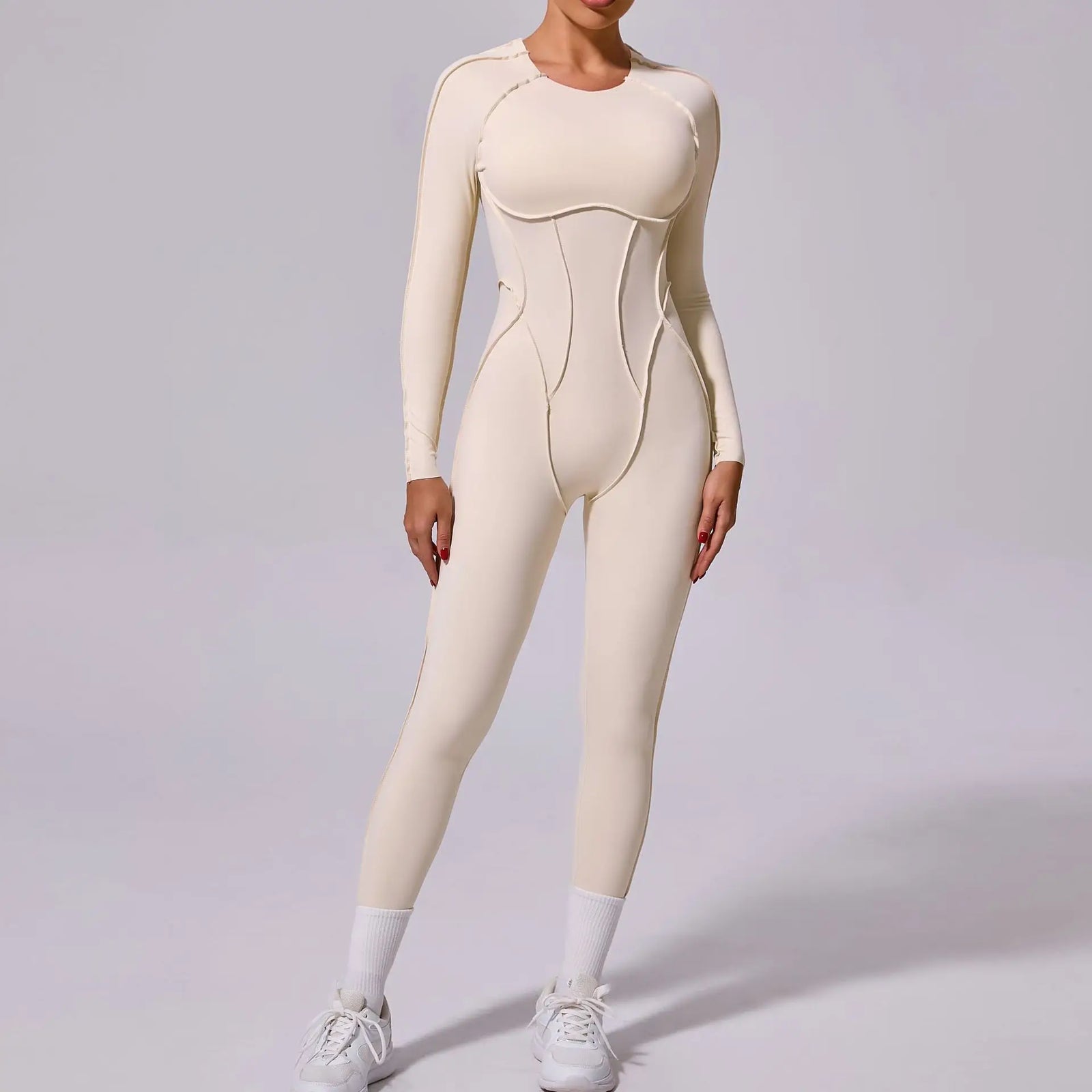 Women's Long Sleeve Nylon Blend Workout Jumpsuit with Back Cutout