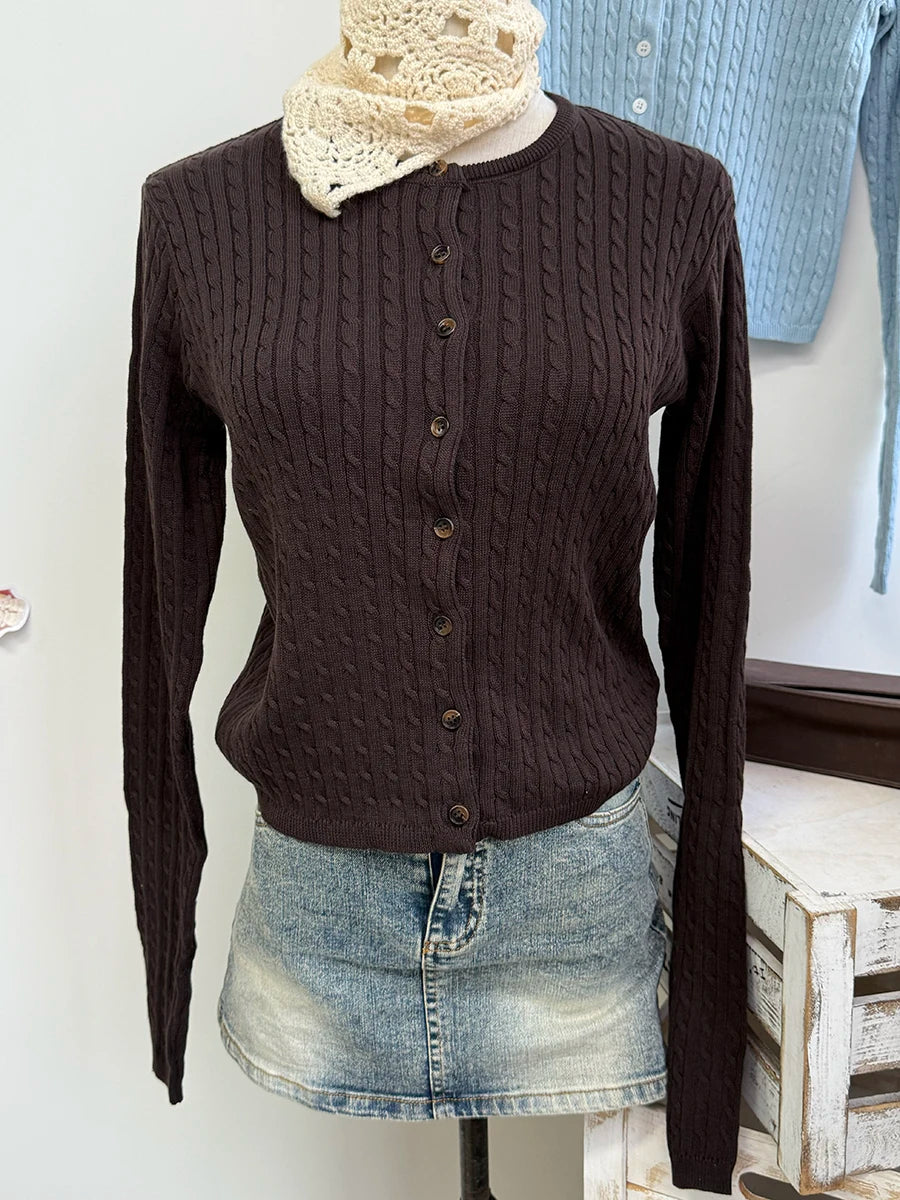Women's Round Neck Button Front Cardigan Casual Knit Layer
