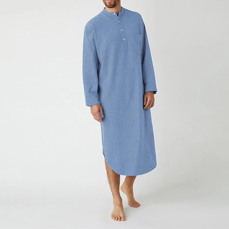Men's Solid Stand Collar Long Sleeve Button Front Sleep Nightdress