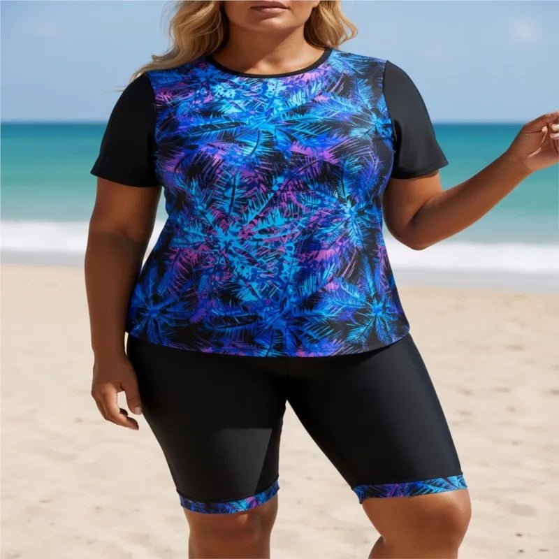 Women's Printed Short Sleeve Swim Top and Long Shorts Set