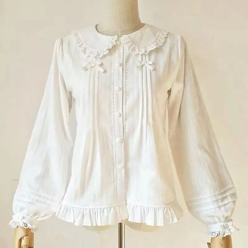 Women's Peter Pan Collar Ruffled Long Sleeve Blouse