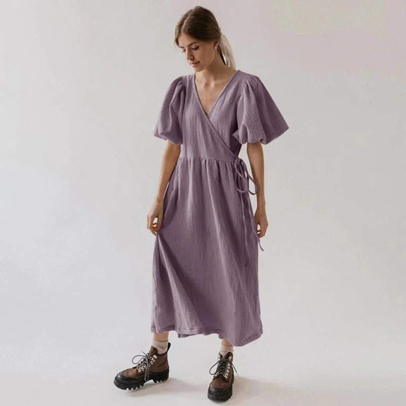 Women's Cotton V-Neck Short-Sleeve Loose A-Line Midi Dress for Casual Summer Outfits