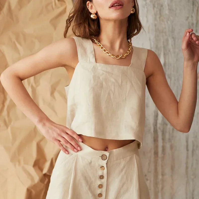 Women's Cotton-Linen Sleeveless Cropped Tank Top with Square Neck for Summer Outfits
