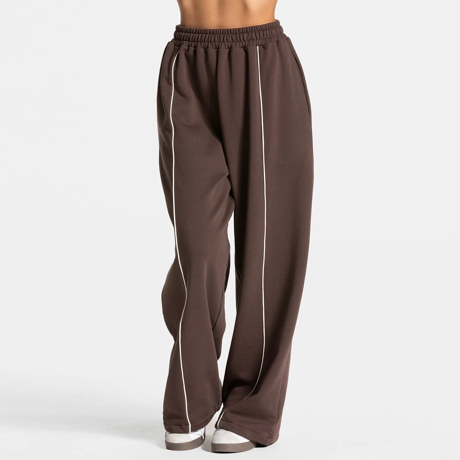 Women's Wide Leg Workout Pants with Double Waistband and Contrast Piping