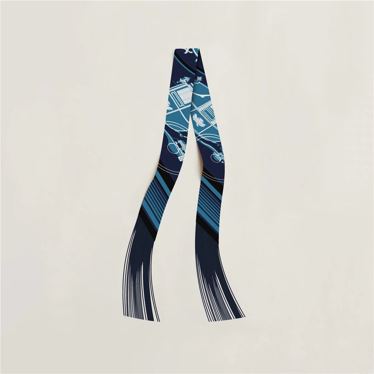 Printed Narrow Ribbon Scarf with Decorative Fringed Ends